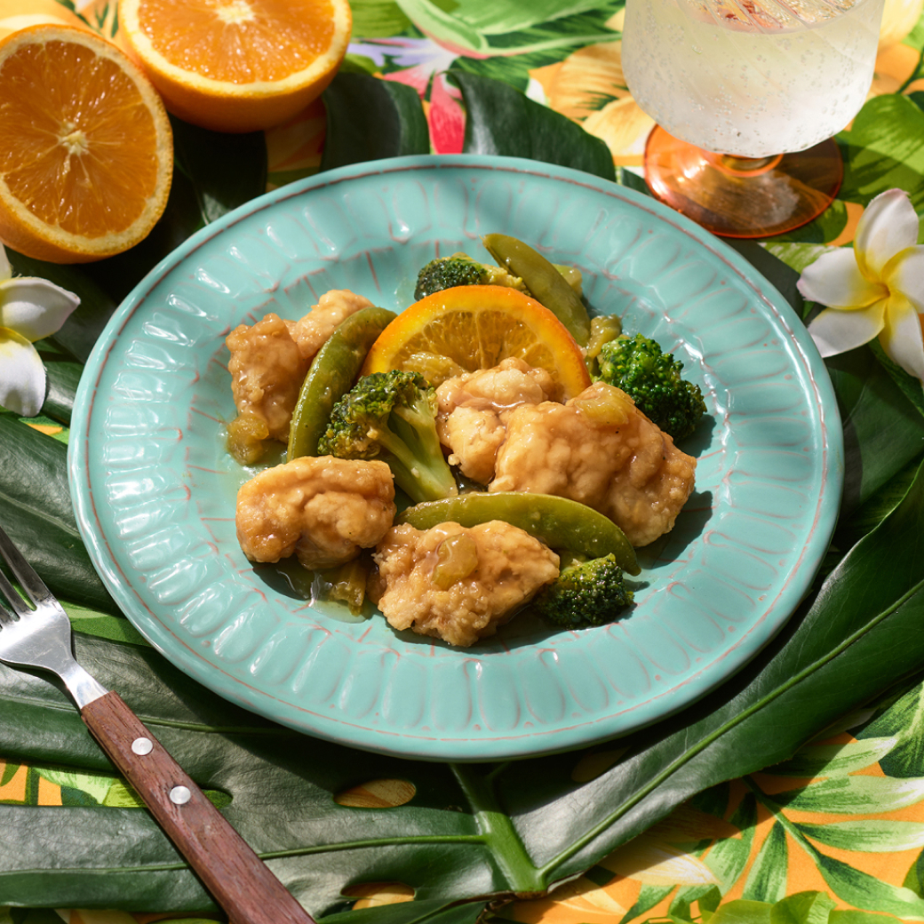 スナップエンドウとセロリの爽やかオレンジチキン